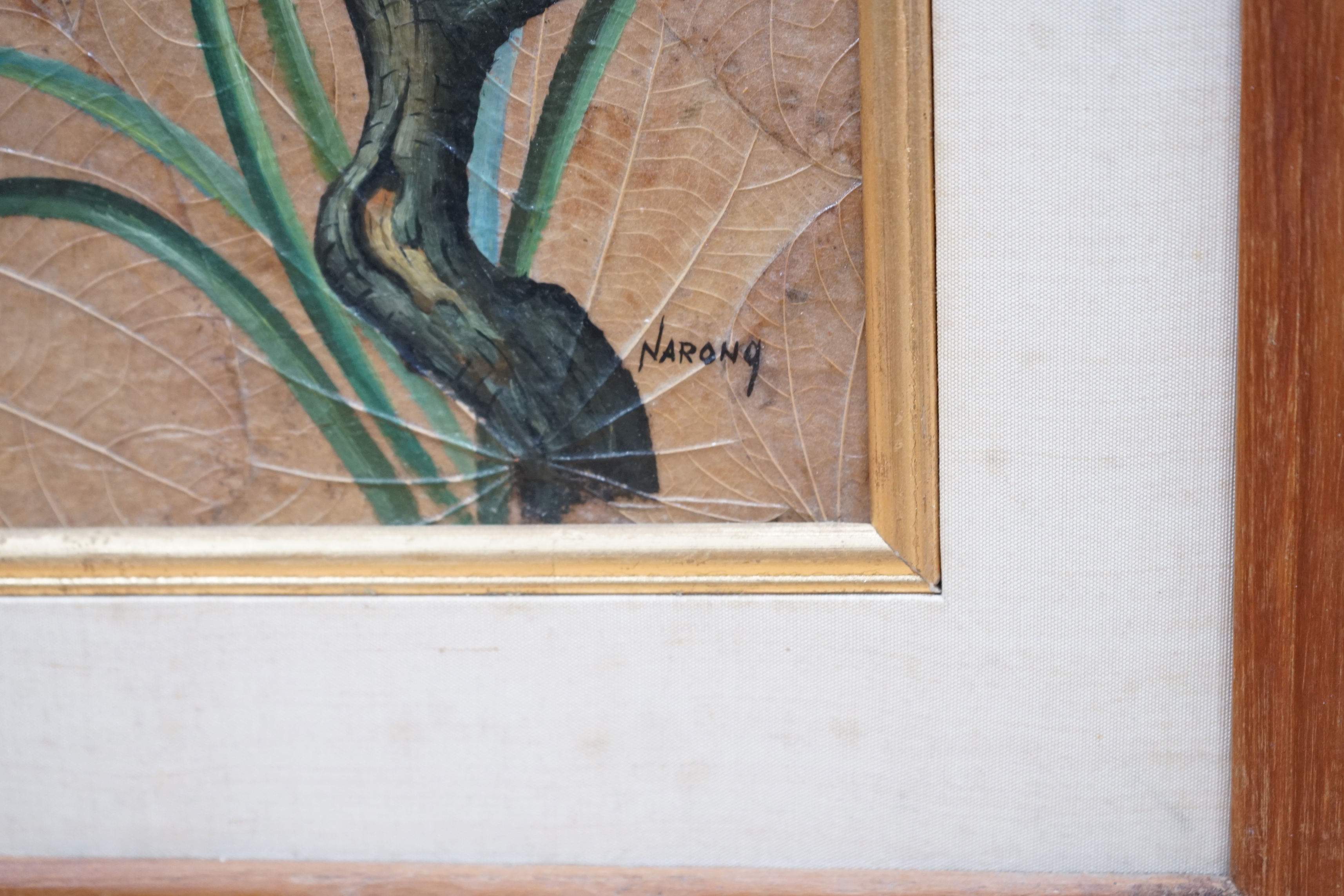 Narong, pair of Thai oil paintings on leaves, Kingfisher and Tawny owl, each signed, 24 x 20cm